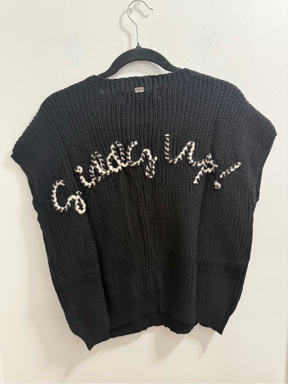 Lucky & Blessed Black Knit Sweater Boot-stitch Embroidered Pocket Edge ThreadTop